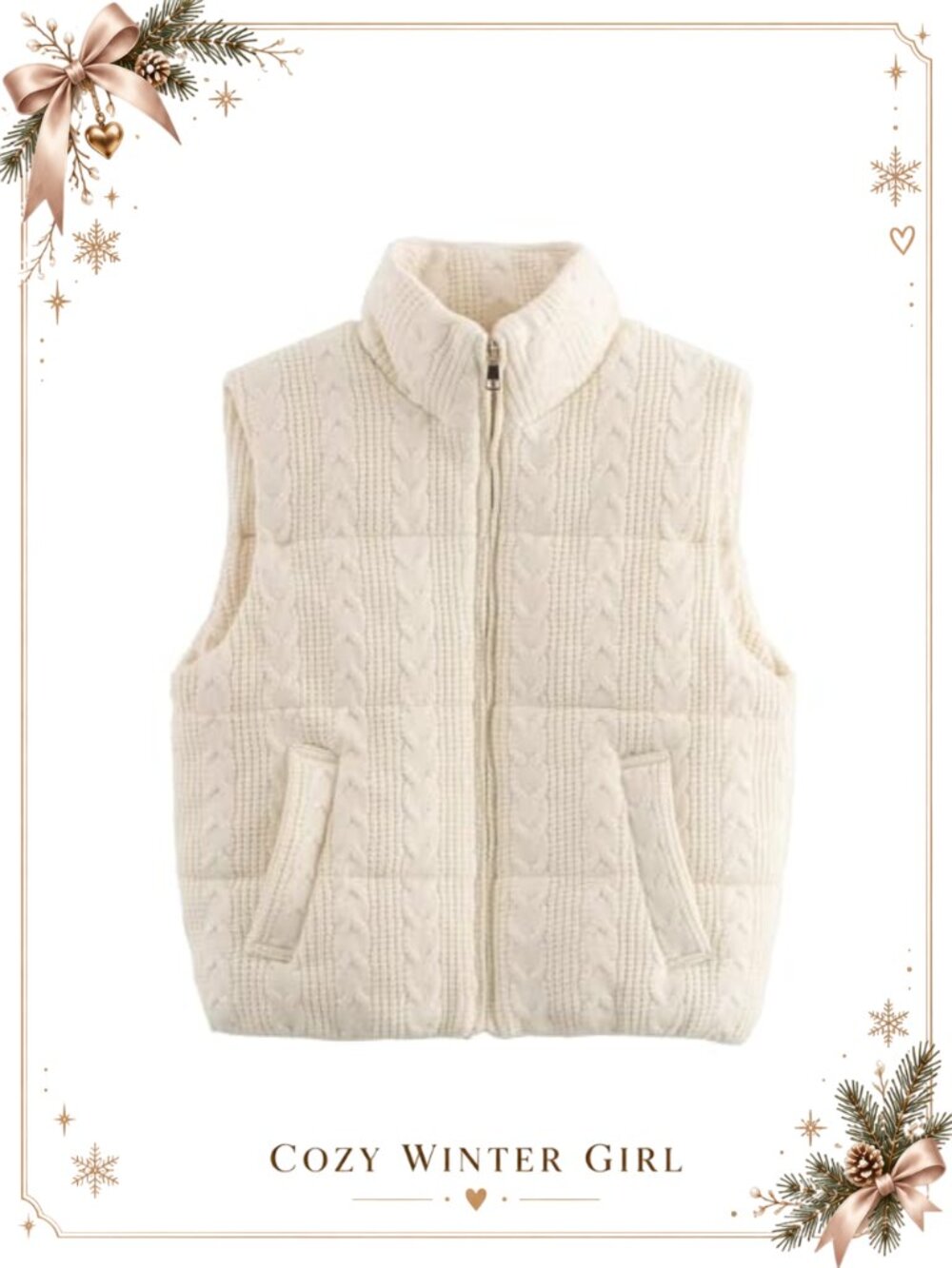 Women's Cropped Quilted Puffer Vest Cable Knit Zip Pockets